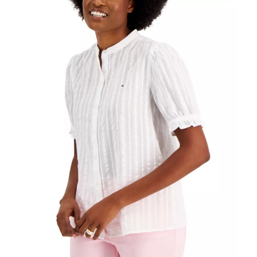 Tommy Hilfiger Dobby Stripe Puff Sleeve‎ Blouse Womens Large White